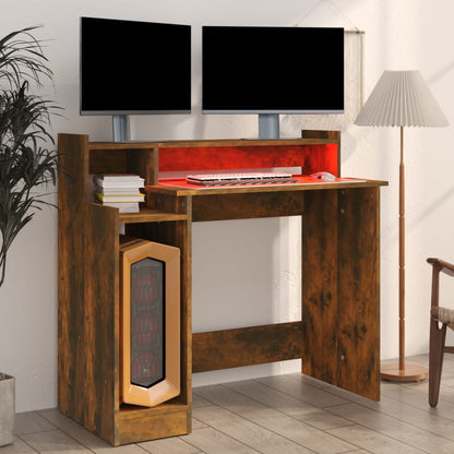 Desk with LED Lights Smoked Oak 97x45x90 cm Engineered Wood