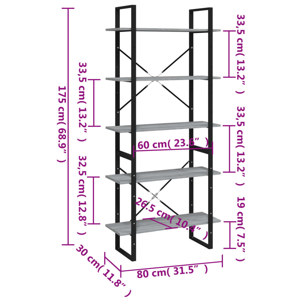 5-Tier Book Cabinet Grey Sonoma 80x30x175 cm Engineered Wood