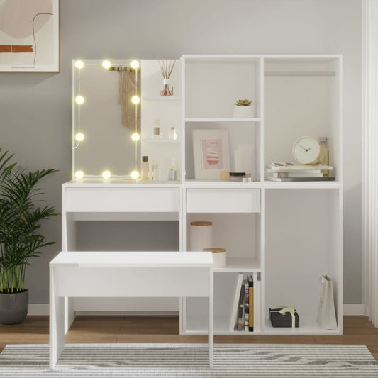 Dressing Table Set with LED White Engineered Wood