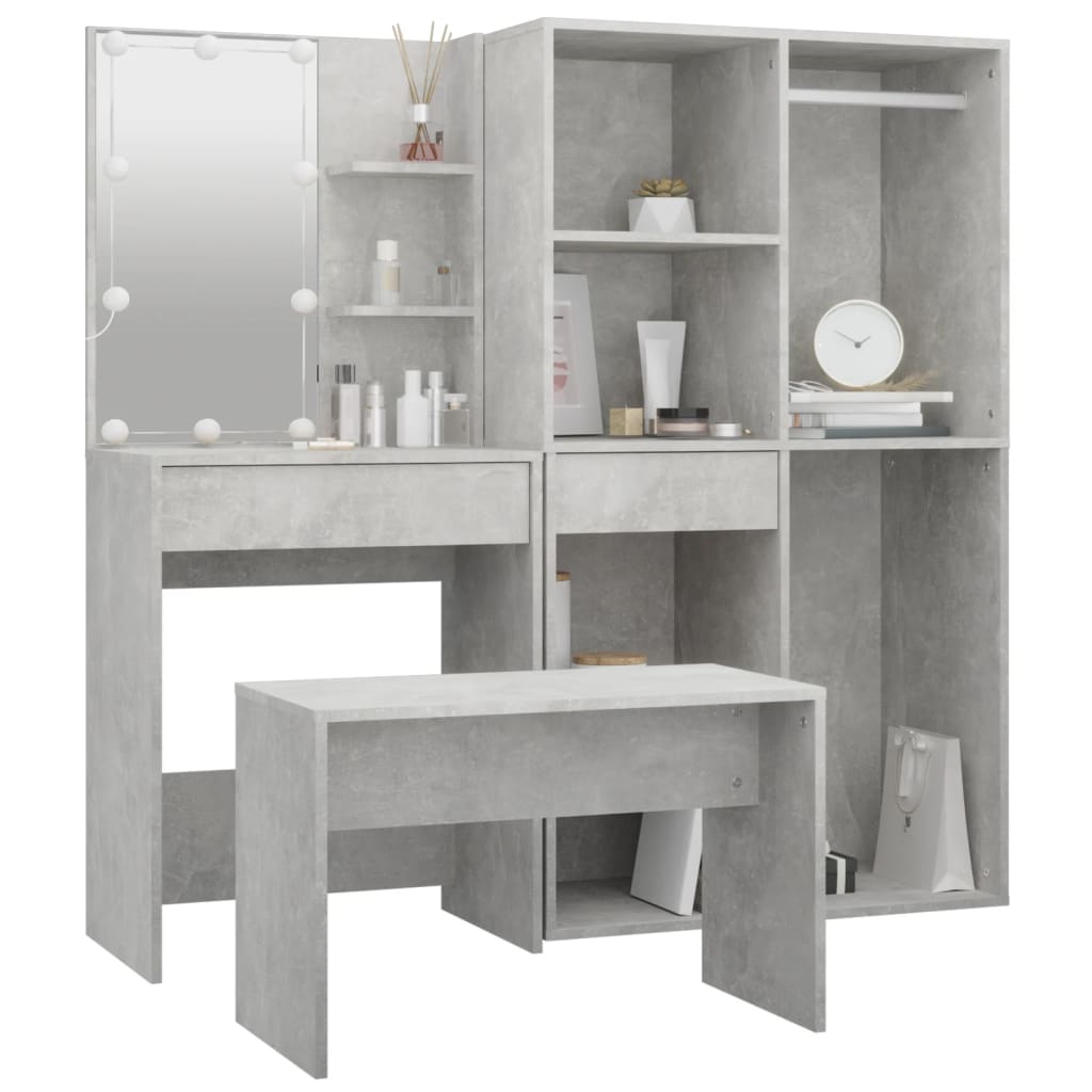 Dressing Table Set with LED Concrete Grey Engineered Wood