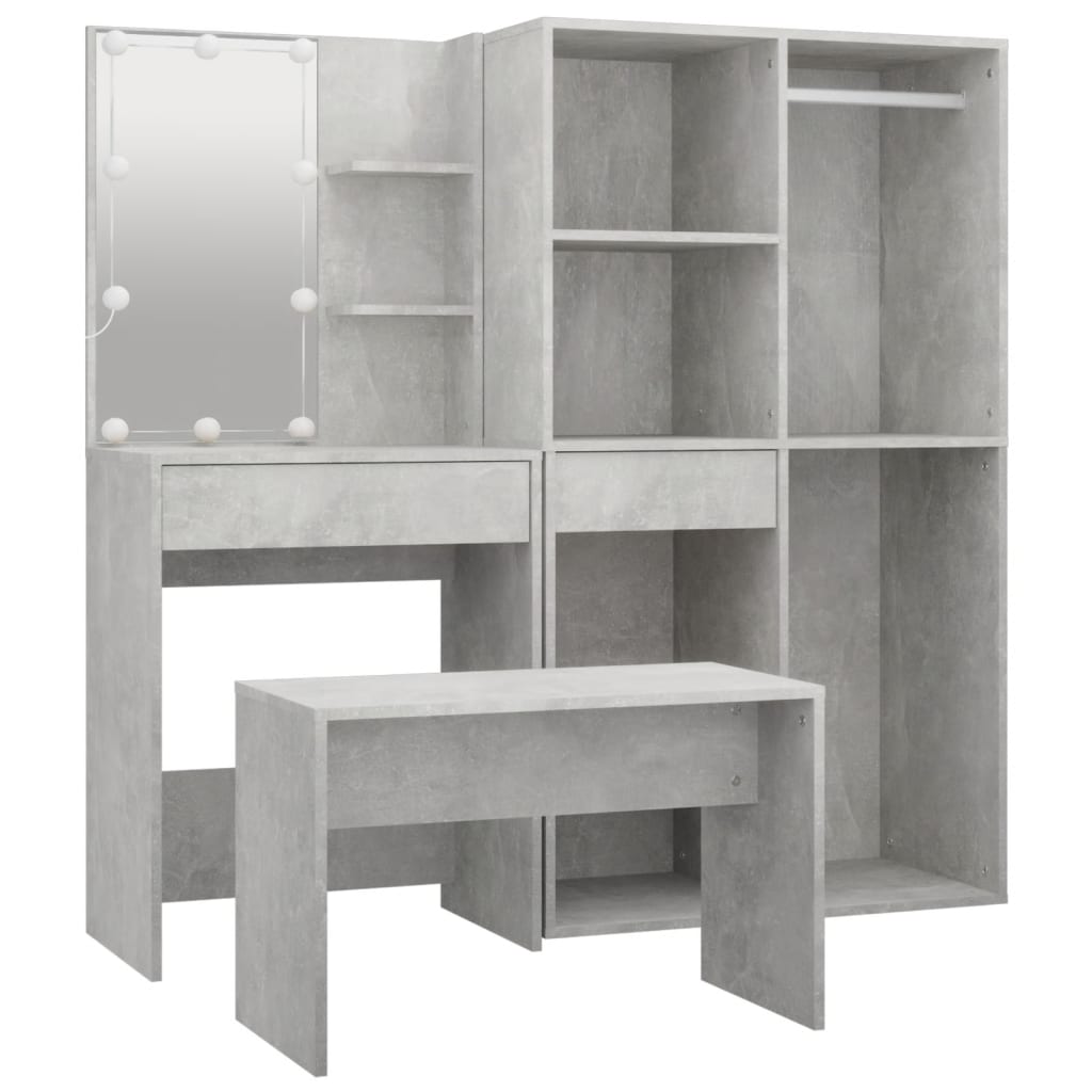 Dressing Table Set with LED Concrete Grey Engineered Wood