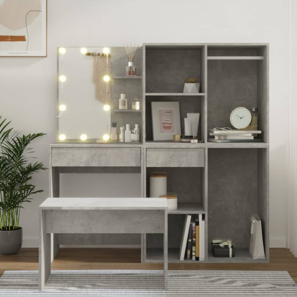 Dressing Table Set with LED Concrete Grey Engineered Wood