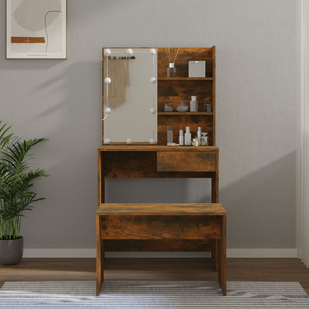 Dressing Table Set with LED Smoked Oak Engineered Wood