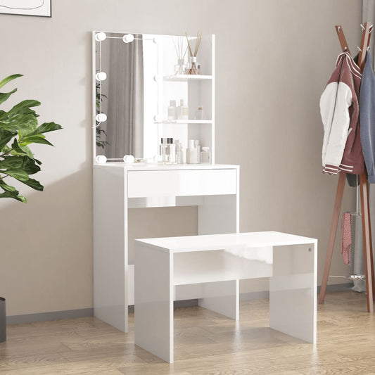 Dressing Table Set with LED High Gloss White Engineered Wood