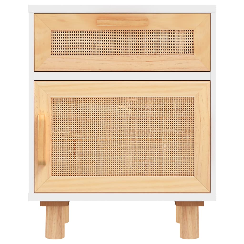 Bedside Cabinet White Solid Wood Pine and Natural Rattan