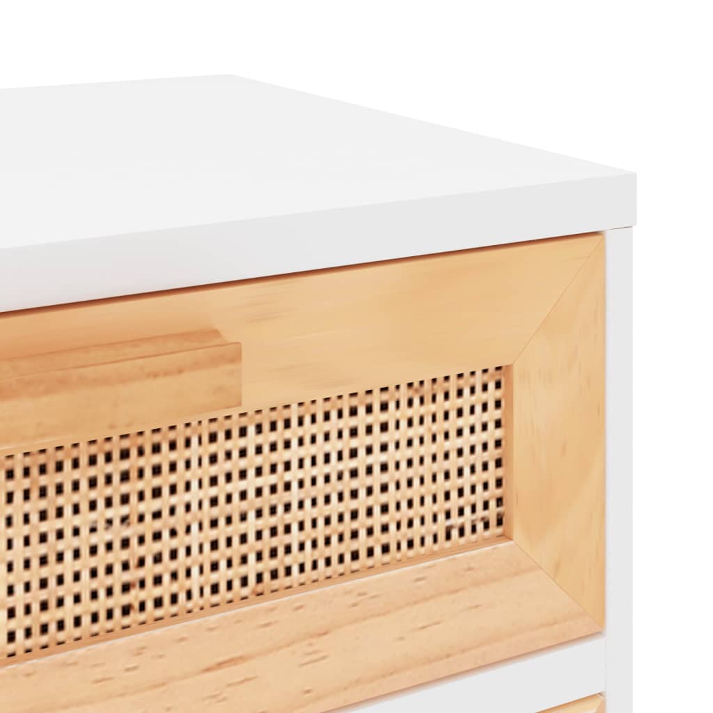 Bedside Cabinet White Solid Wood Pine and Natural Rattan