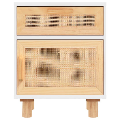 Bedside Cabinets 2 pcs White Solid Wood Pine and Natural Rattan