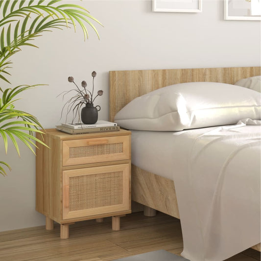 Bedside Cabinet Brown Solid Wood Pine and Natural Rattan