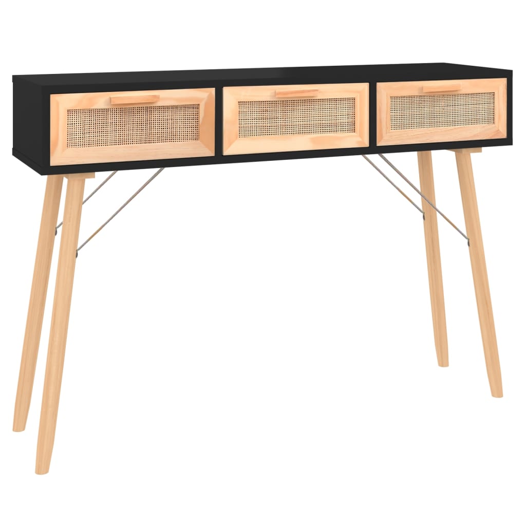 Console Table Black 105x30x75 cm Solid Wood Pine&Natural Rattan