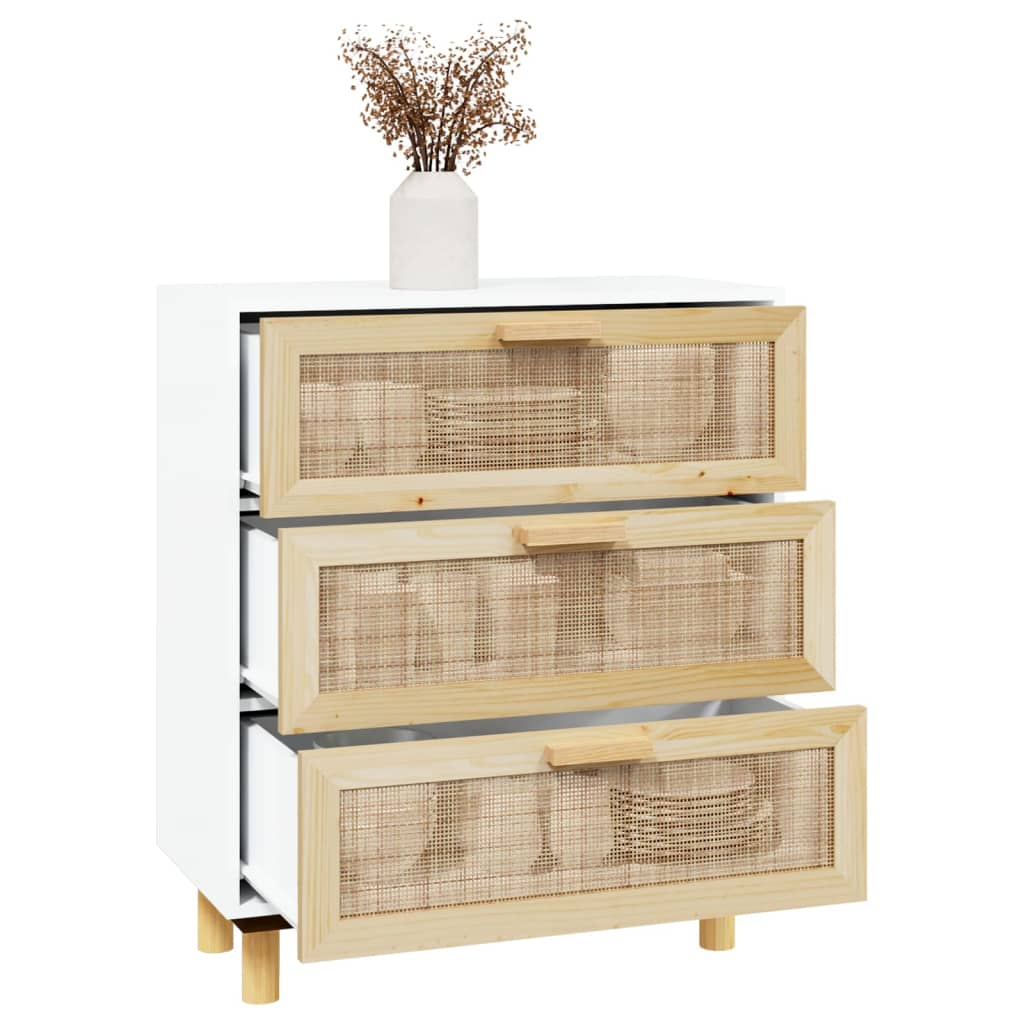 Sideboard White 60x30x70 cm Solid Wood Pine and Natural Rattan