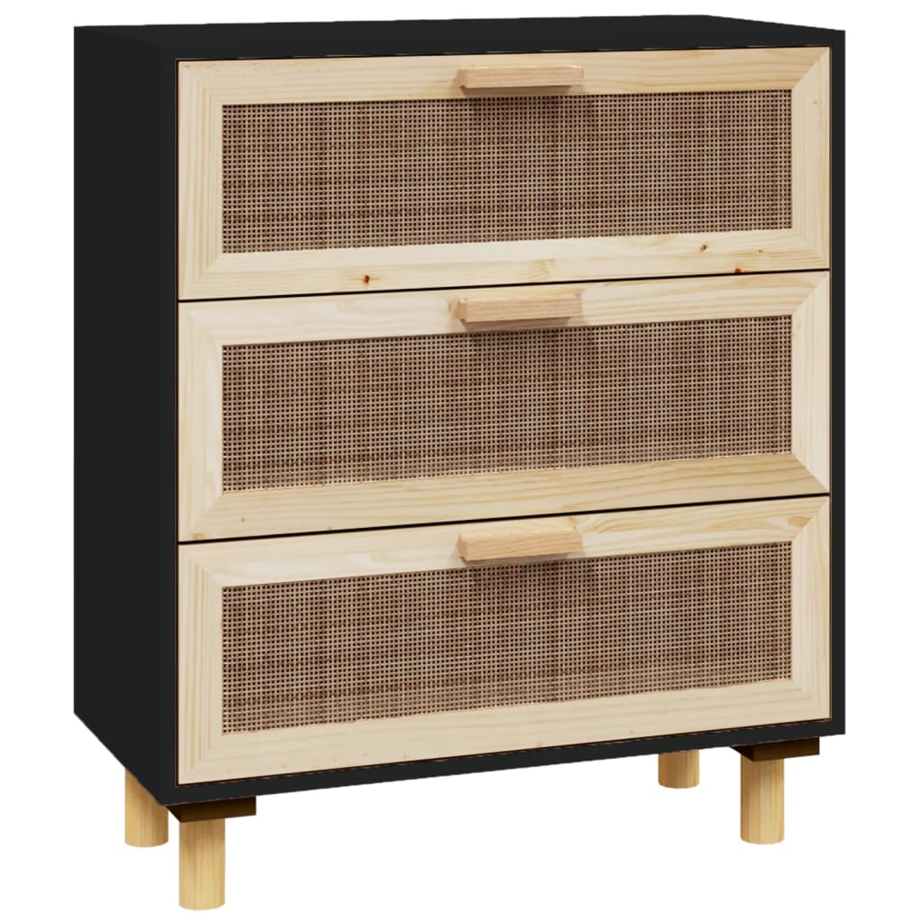 Sideboard Black 60x30x70 cm Solid Wood Pine and Natural Rattan