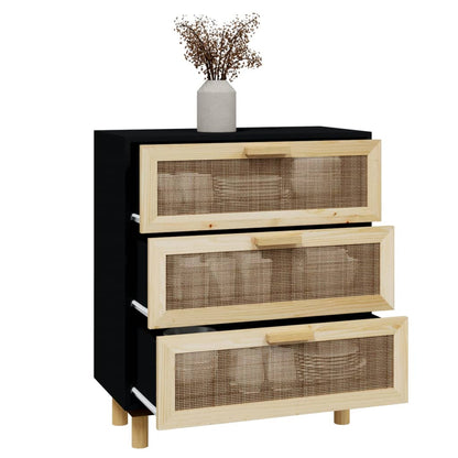 Sideboard Black 60x30x70 cm Solid Wood Pine and Natural Rattan