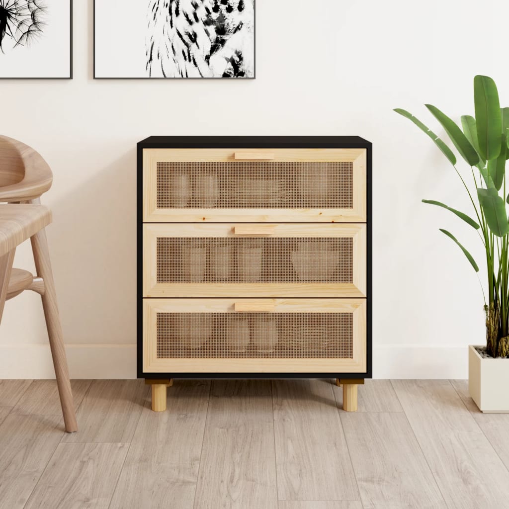 Sideboard Black 60x30x70 cm Solid Wood Pine and Natural Rattan