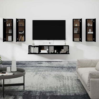 6 Piece TV Cabinet Set Black Engineered Wood