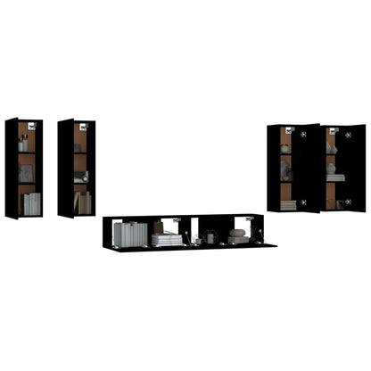 6 Piece TV Cabinet Set Black Engineered Wood