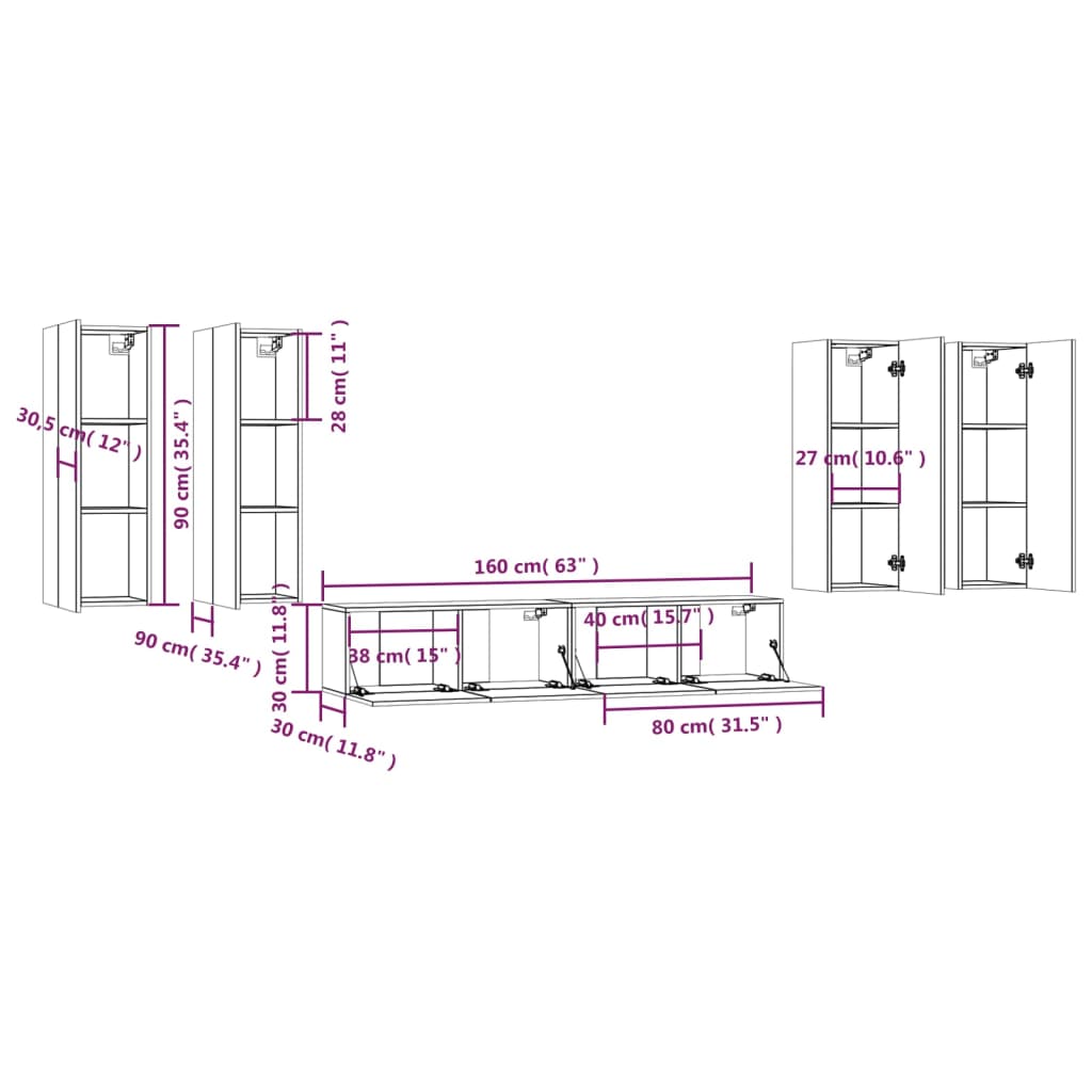 6 Piece TV Cabinet Set Black Engineered Wood