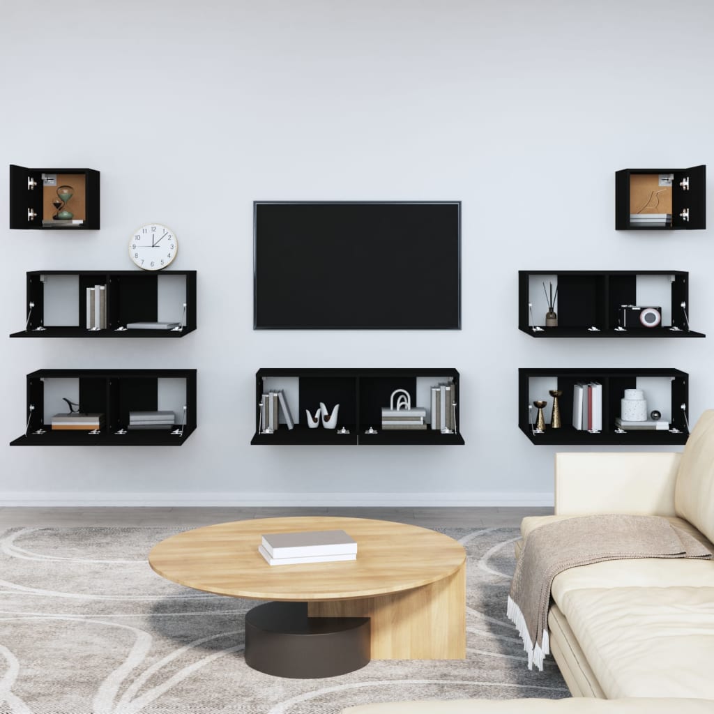 7 Piece TV Cabinet Set Black Engineered Wood