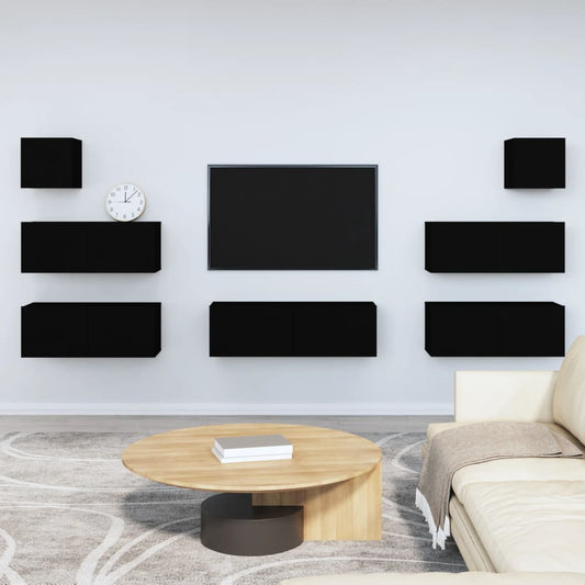 7 Piece TV Cabinet Set Black Engineered Wood