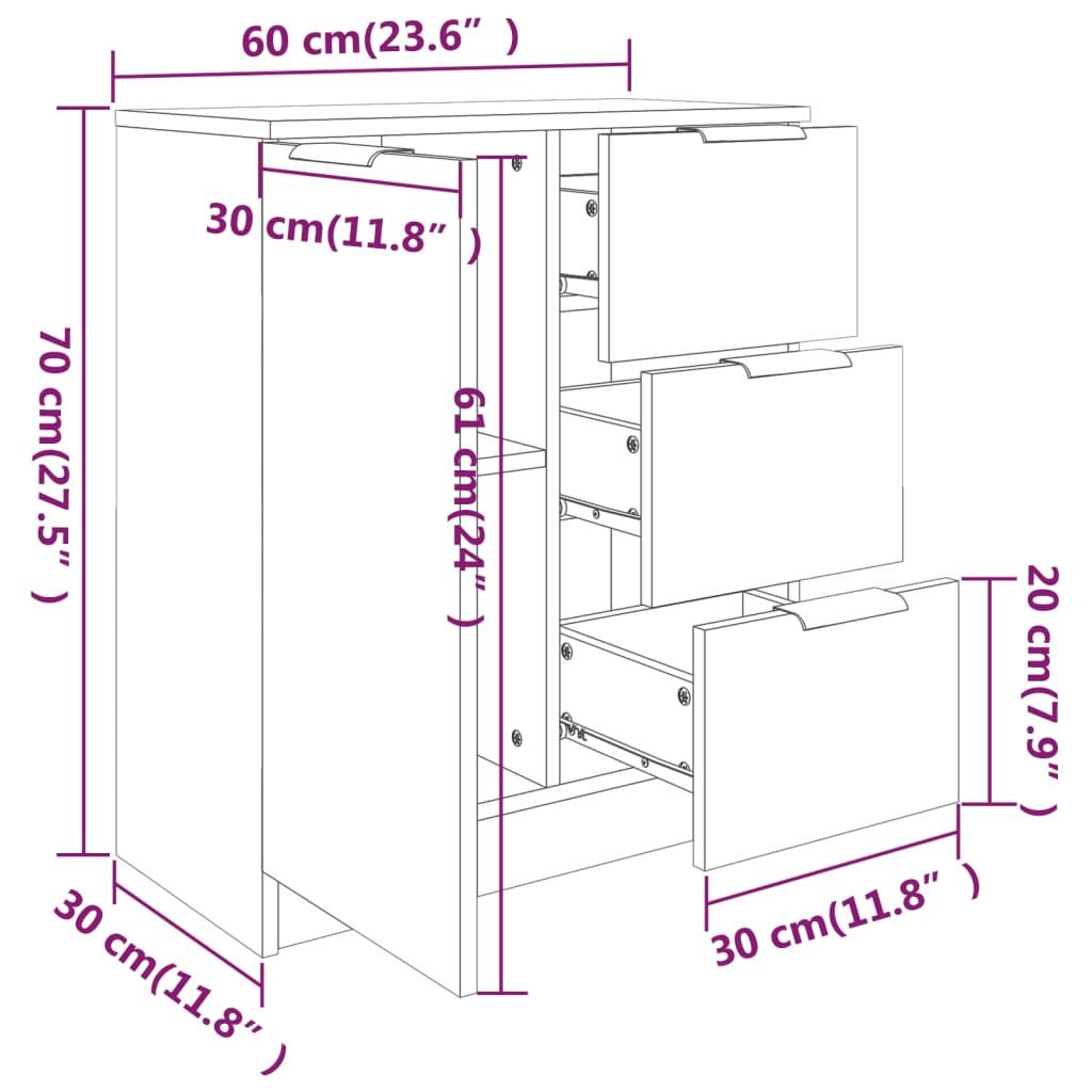 Sideboards 2 pcs High Gloss White 60x30x70 cm Engineered Wood