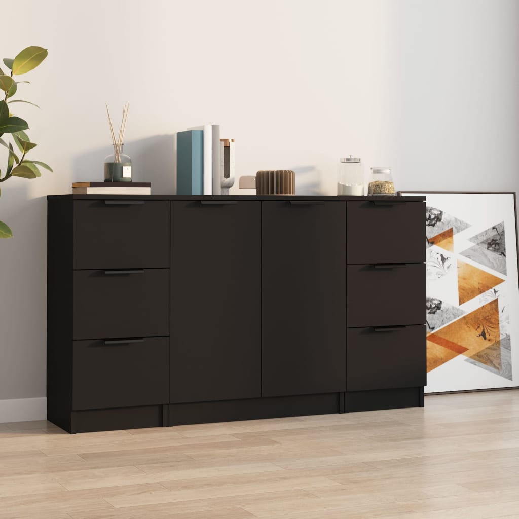 Sideboards 3 pcs Black Engineered Wood