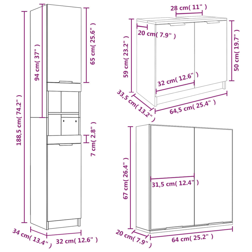 3 Piece Bathroom Cabinet Set Concrete Grey Engineered Wood