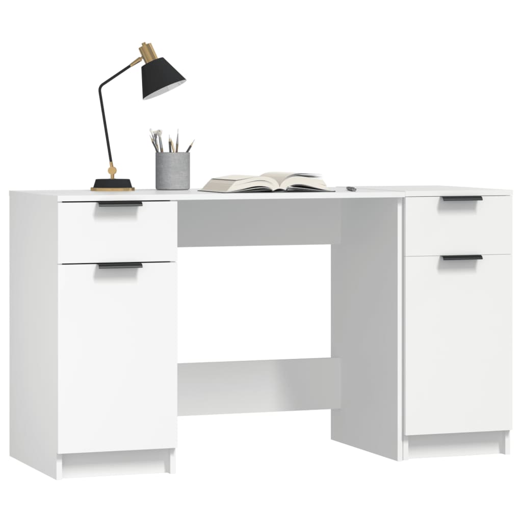 Desk with Side Cabinet White Engineered Wood