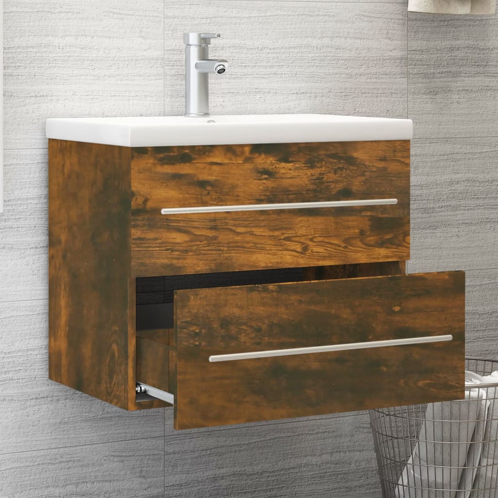 Sink Cabinet with Built-in Basin Smoked Oak Engineered Wood