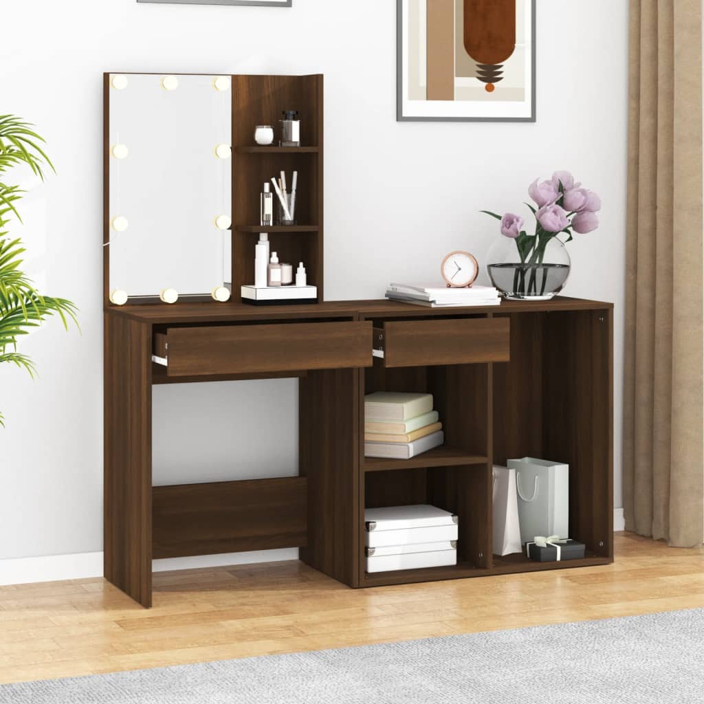 LED Dressing Table with Cabinet Brown Oak Engineered Wood