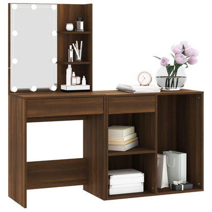 LED Dressing Table with Cabinet Brown Oak Engineered Wood