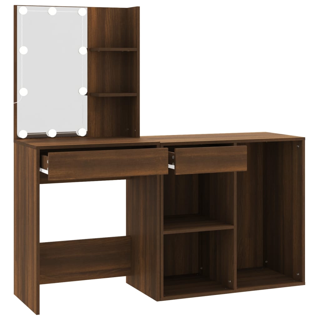 LED Dressing Table with Cabinet Brown Oak Engineered Wood