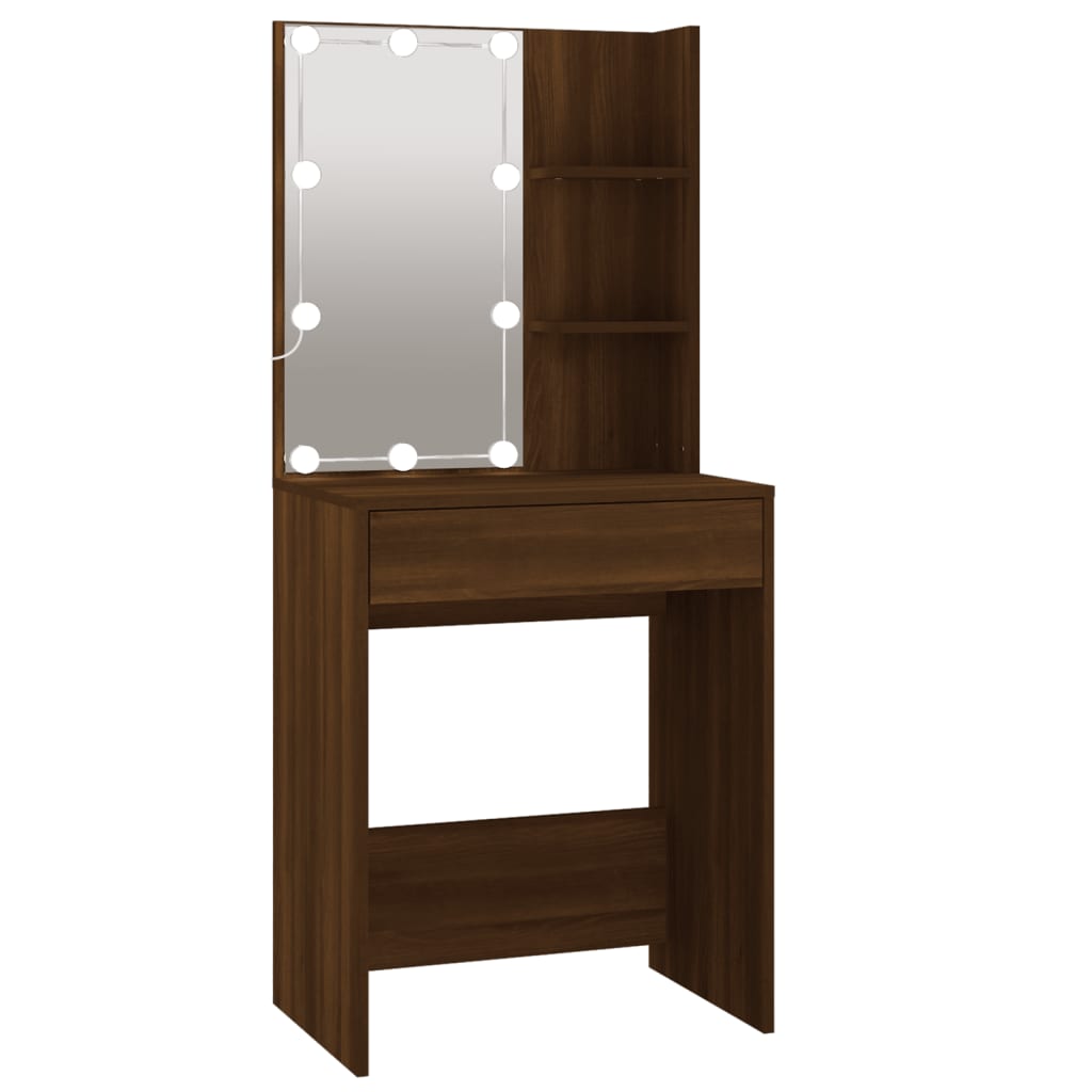 LED Dressing Table with Cabinet Brown Oak Engineered Wood