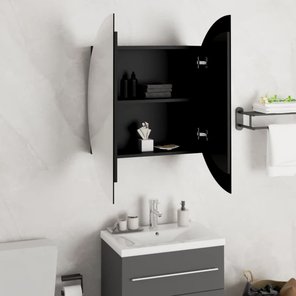 Bathroom Cabinet with Round Mirror&LED Black 54x54x17.5 cm