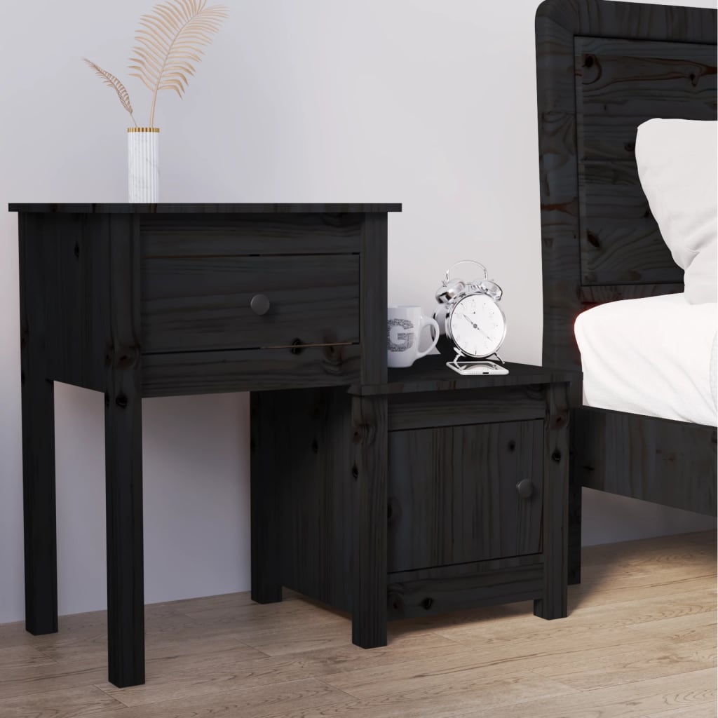 Bedside Cabinet Black 79.5x38x65.5 cm Solid Wood Pine