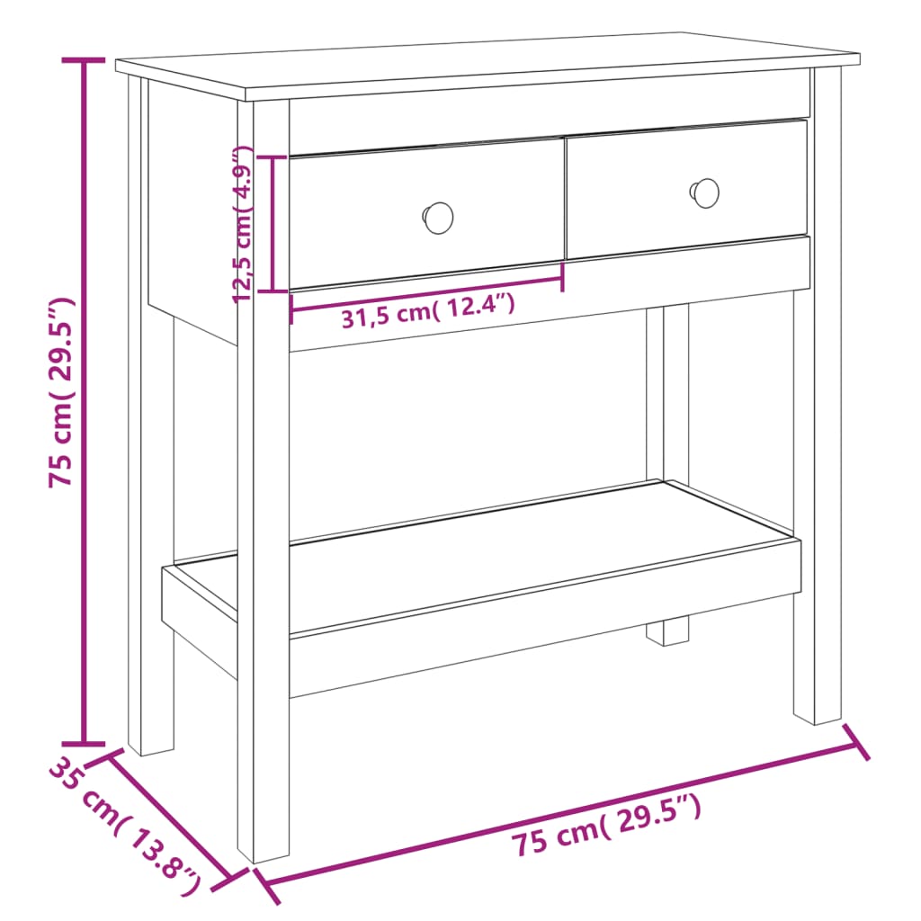 Console Table White 75x35x75 cm Solid Wood Pine