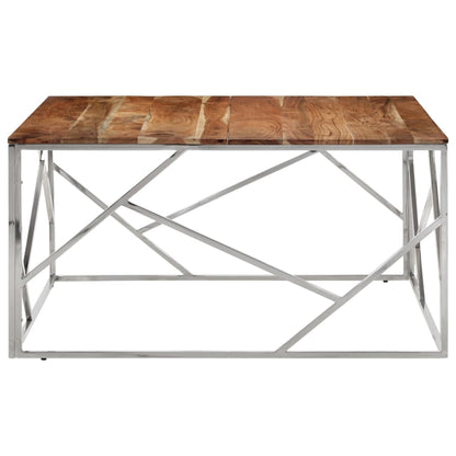 Coffee Table Silver Stainless Steel and Solid Wood Acacia