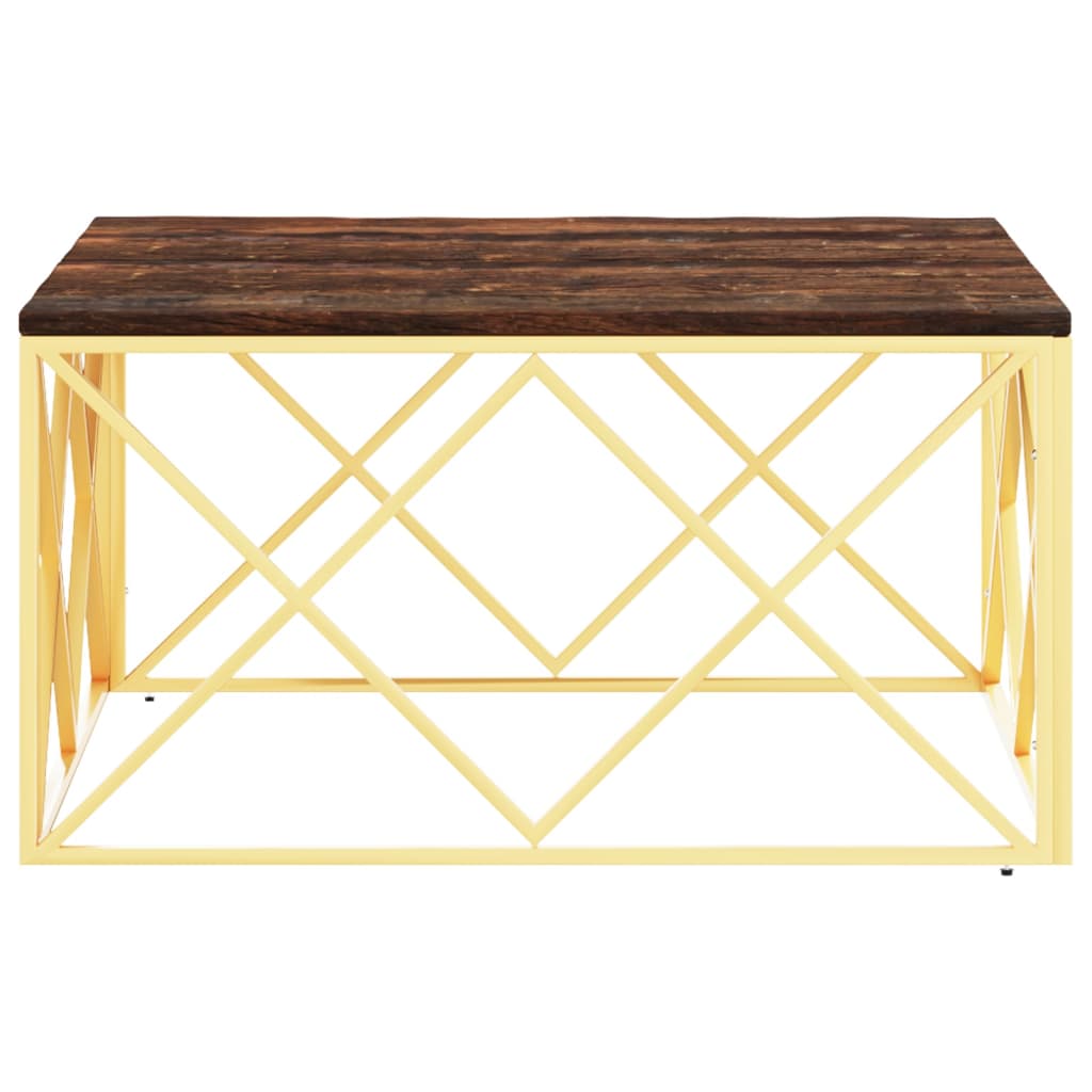 Coffee Table Gold Stainless Steel and Solid Wood Reclaimed