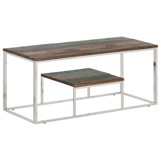 Coffee Table Silver Stainless Steel and Solid Wood Reclaimed
