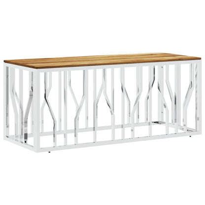Coffee Table Silver Stainless Steel and Solid Wood Acacia