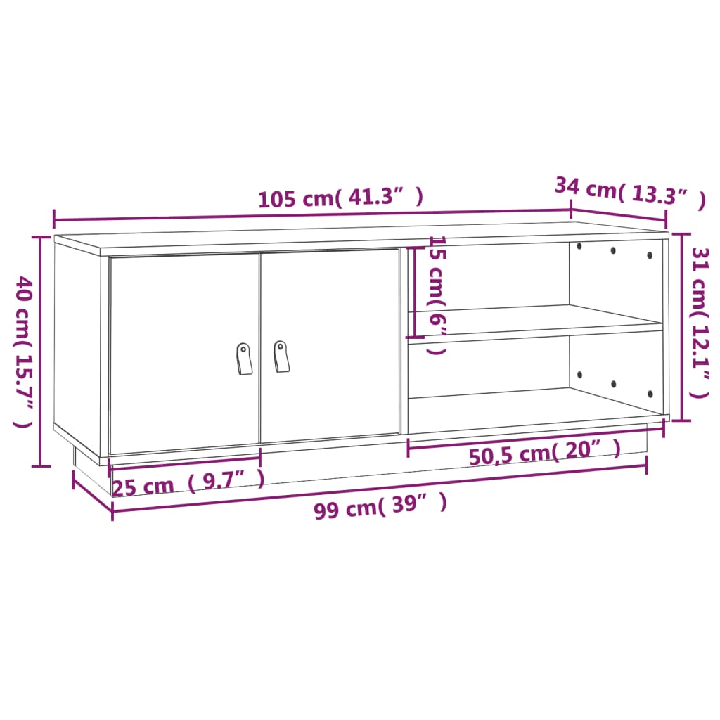 TV Cabinet White 105x34x40 cm Solid Wood Pine