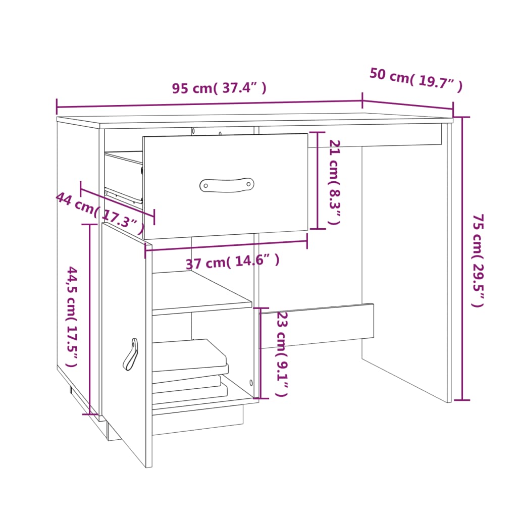 Desk White 95x50x75 cm Solid Wood Pine