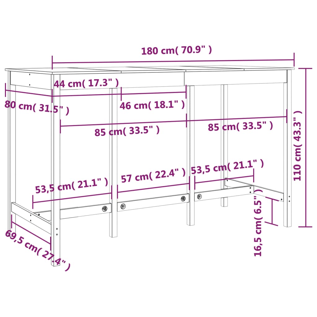 Bar Table Honey Brown 180x80x110 cm Solid Wood Pine