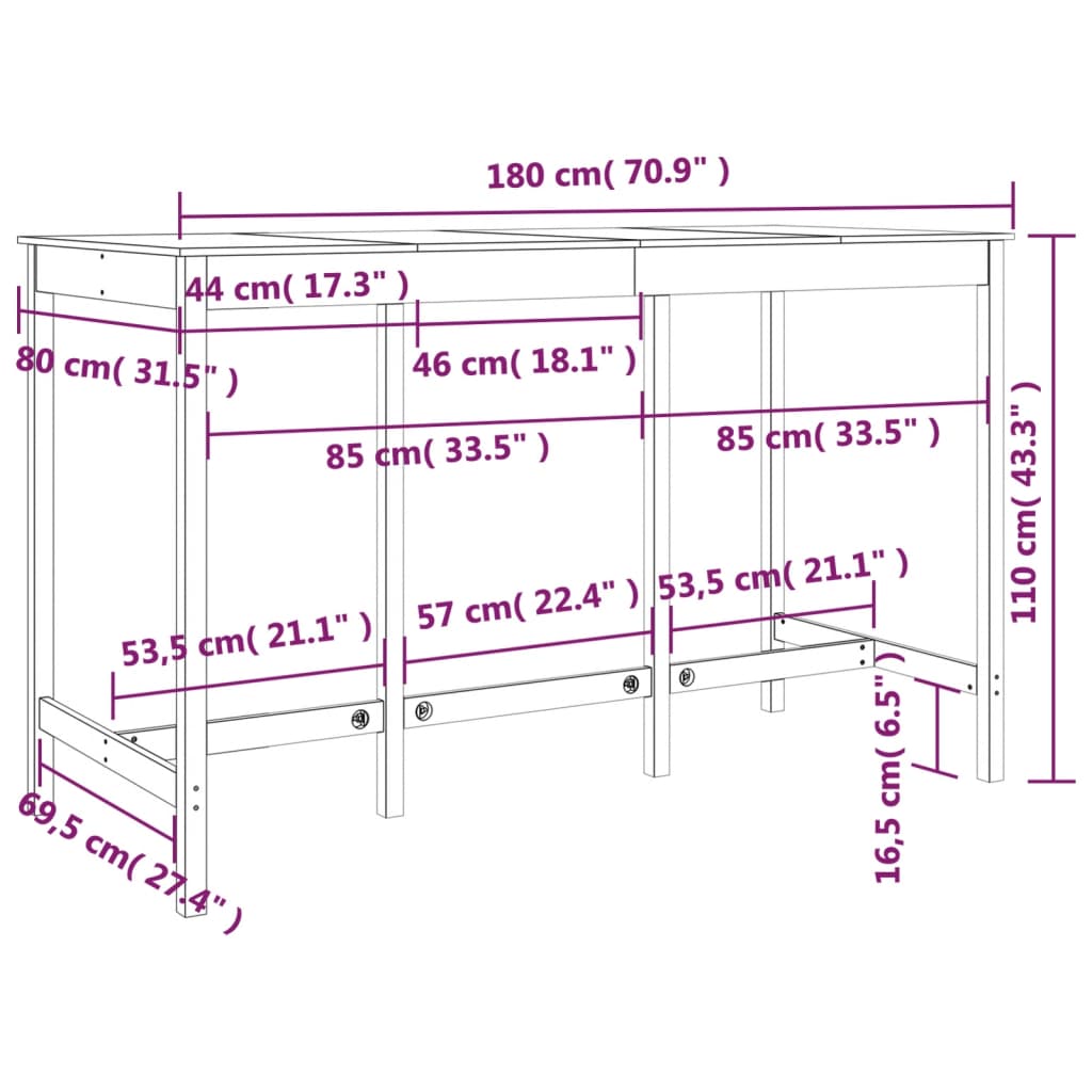 Bar Table Black 180x80x110 cm Solid Wood Pine