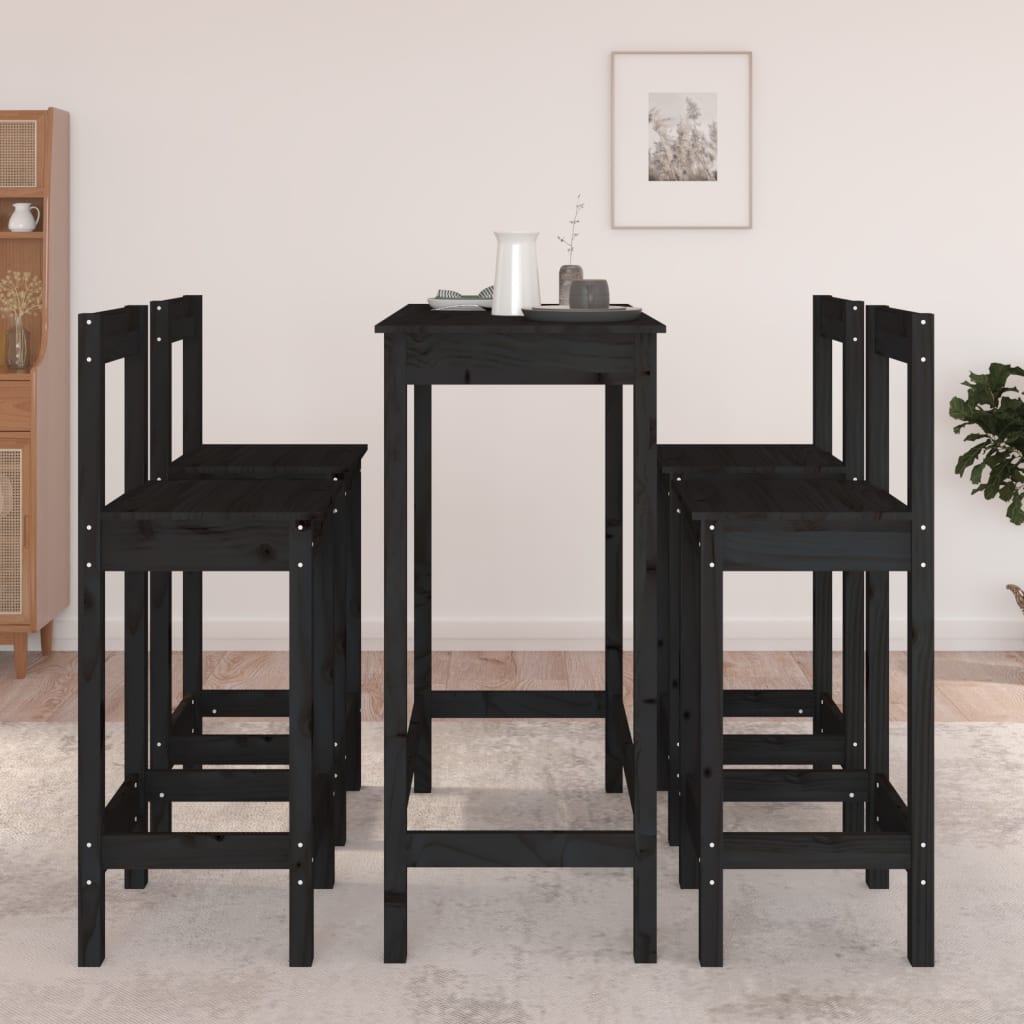 5 Piece Bar Set Black Solid Wood Pine