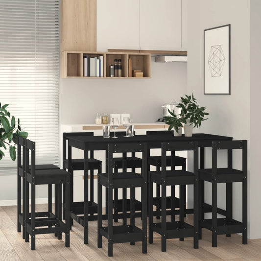 9 Piece Bar Set Black Solid Wood Pine