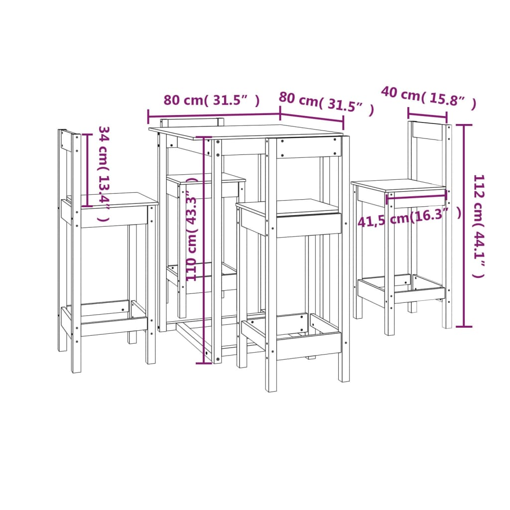 5 Piece Bar Set White Solid Wood Pine