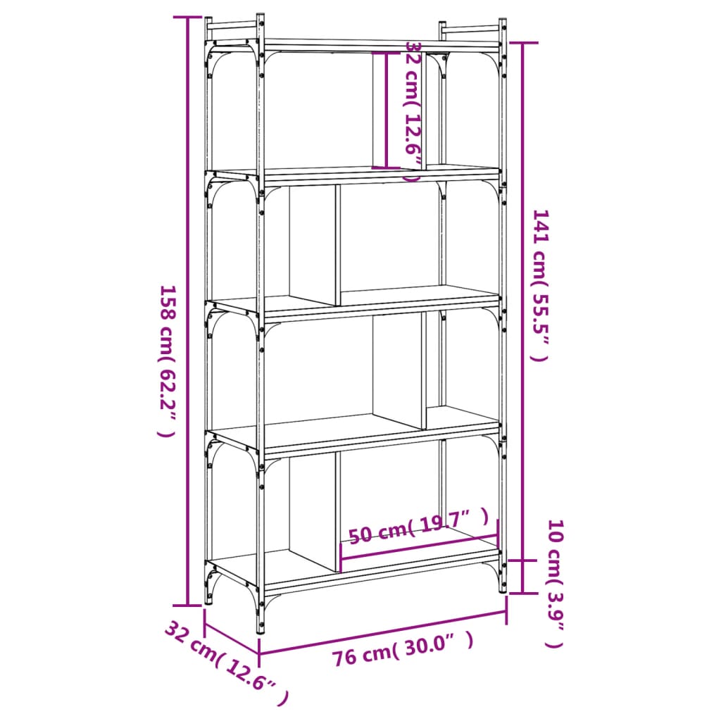 Bookcase 5-Tier Sonoma Oak 76x32x158 cm Engineered Wood