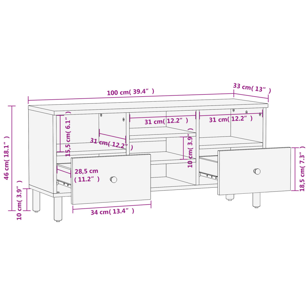 TV Cabinet Black 100x33x46 cm Solid Wood Mango