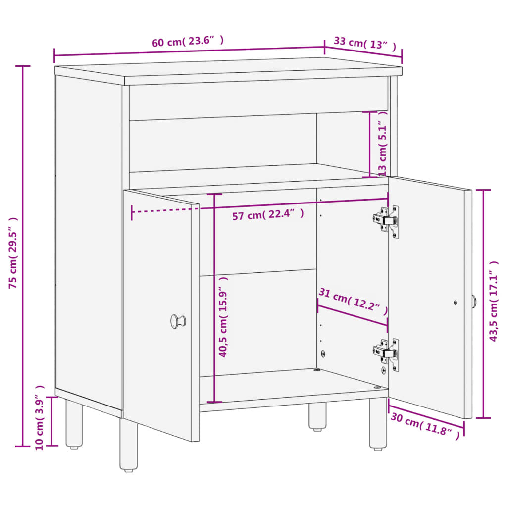 Side Cabinet Black 60x33x75 cm Solid Wood Mango