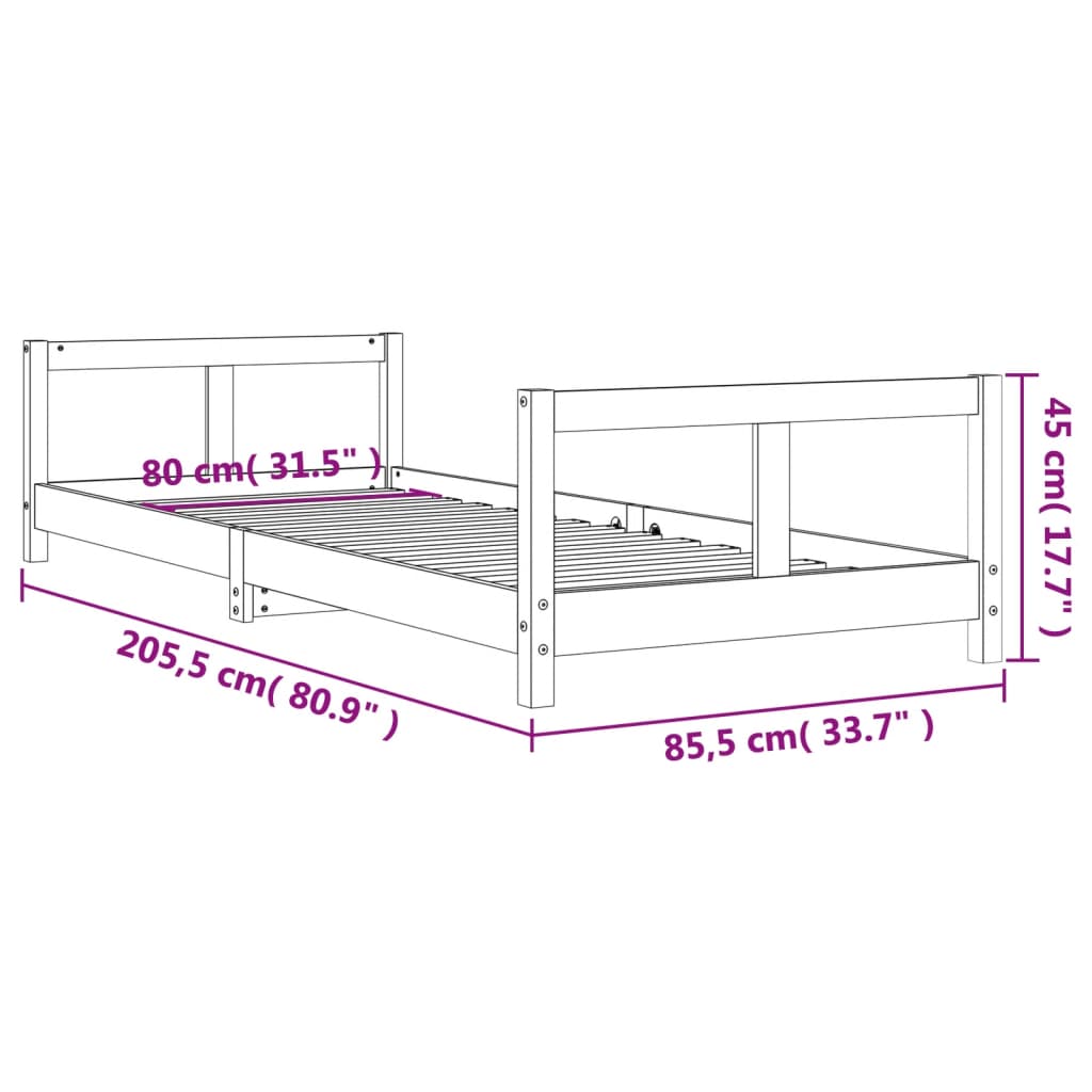 Kids Bed Frame Black 80x200 cm Solid Wood Pine