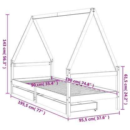 Kids Bed Frame with Drawers Black 90x190 cm Solid Wood Pine